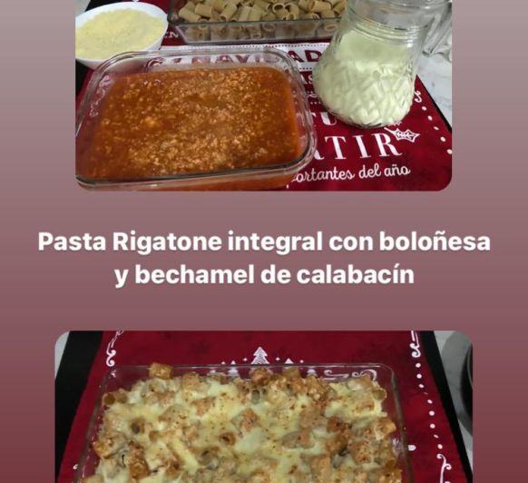 Rigatone con boloñesa de pollo y gratinado de bechamel de calabacín